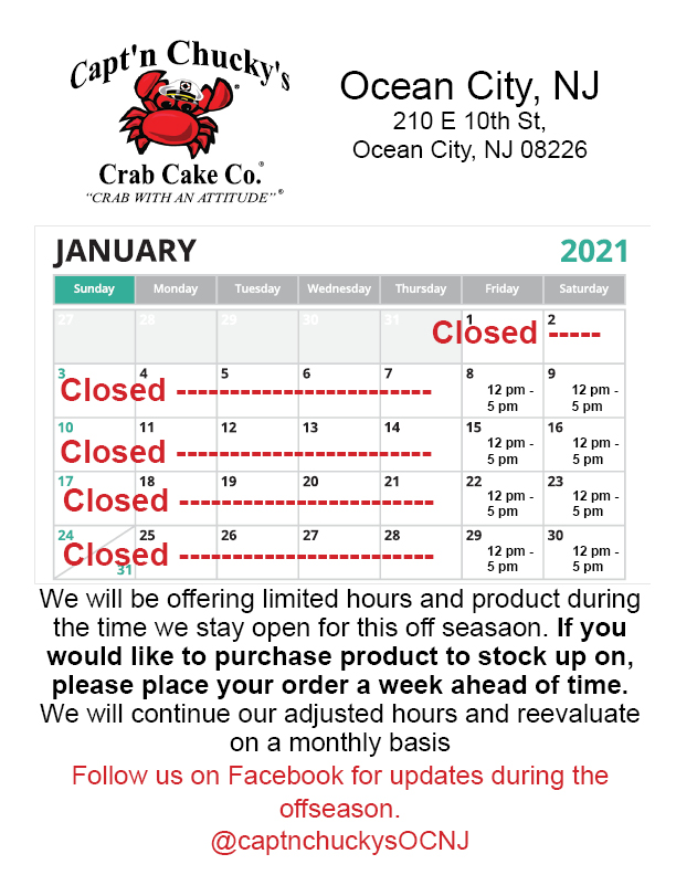 OCNJ Calendar 2021 January Capt n Chucky s Crab Cake Co Ocean City NJ